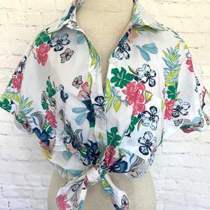 80's American Sweetheart Floral Print Short Sleeve Blouse - Crop Top - Medium
